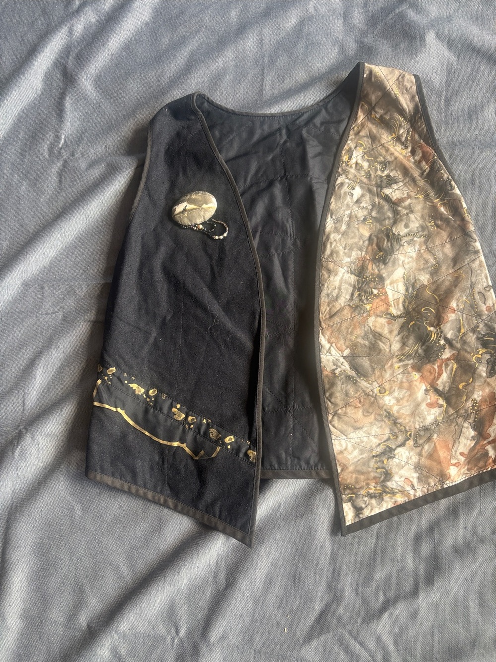 Black & Marble-Print Women's Vest with Gold Accents